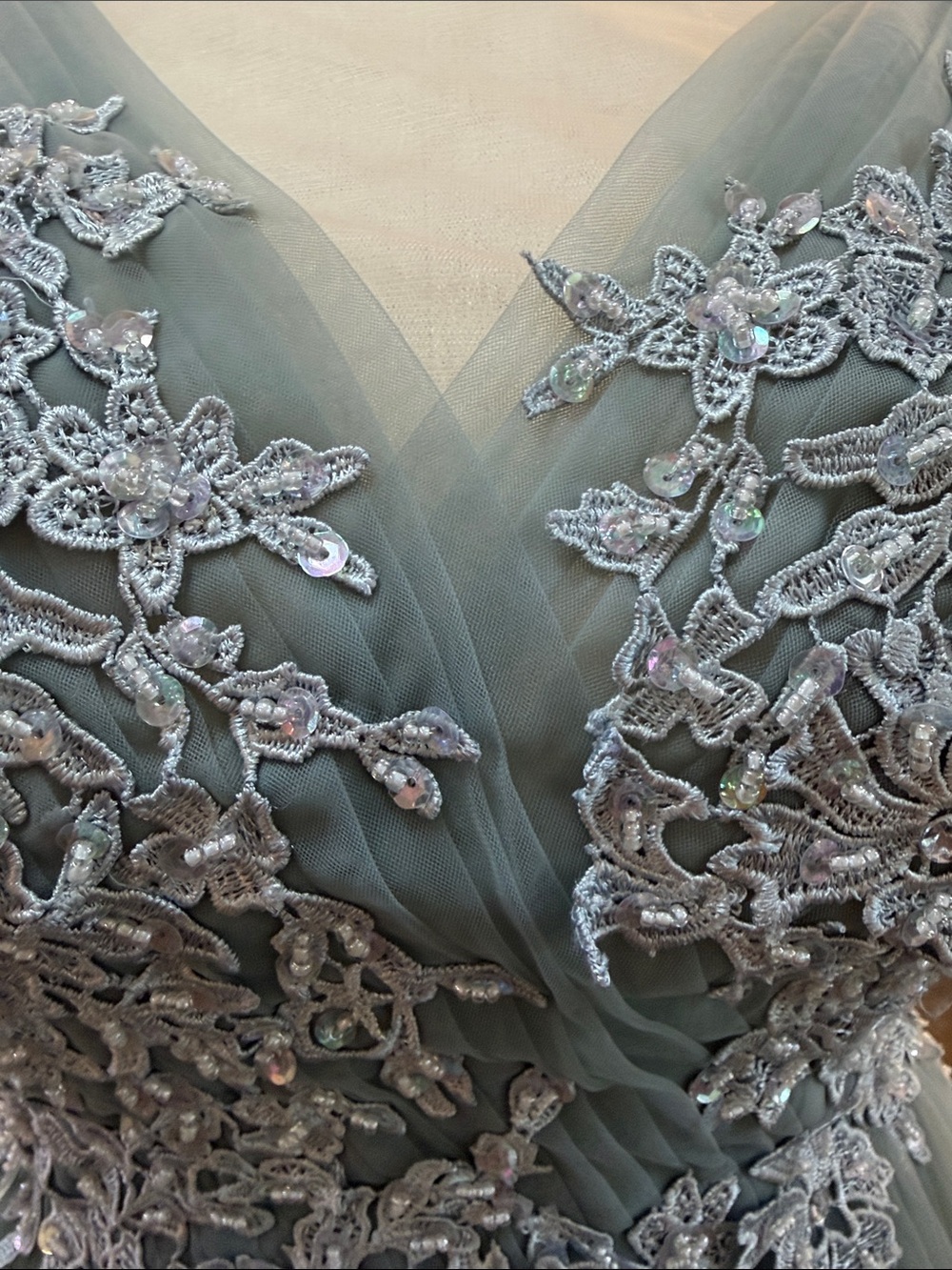 Elegant Sage dusty teal Green Tulle Evening Dress with Lace Appliqué - Picture 4 of 11